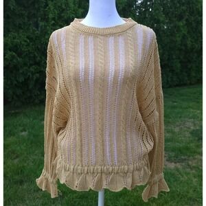 ZARA SZ SMALL POINTELLE KNIT SWEATER RUFFLES  GOLD MUSTARD OPEN KNIT Crocheted